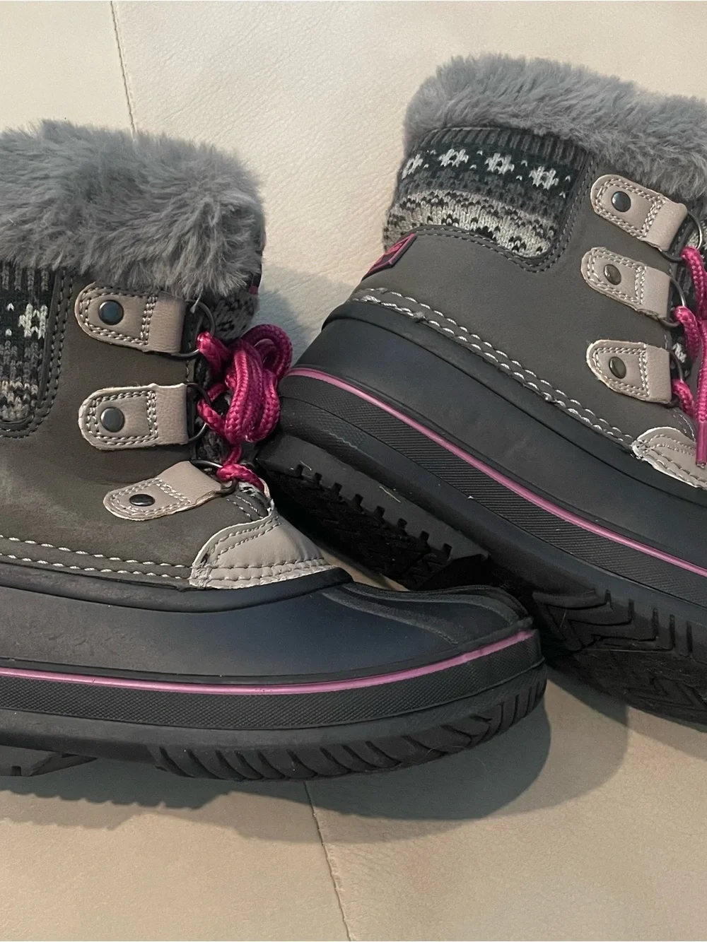 London Fog Grey Kids Snow Boots with Pink Accents